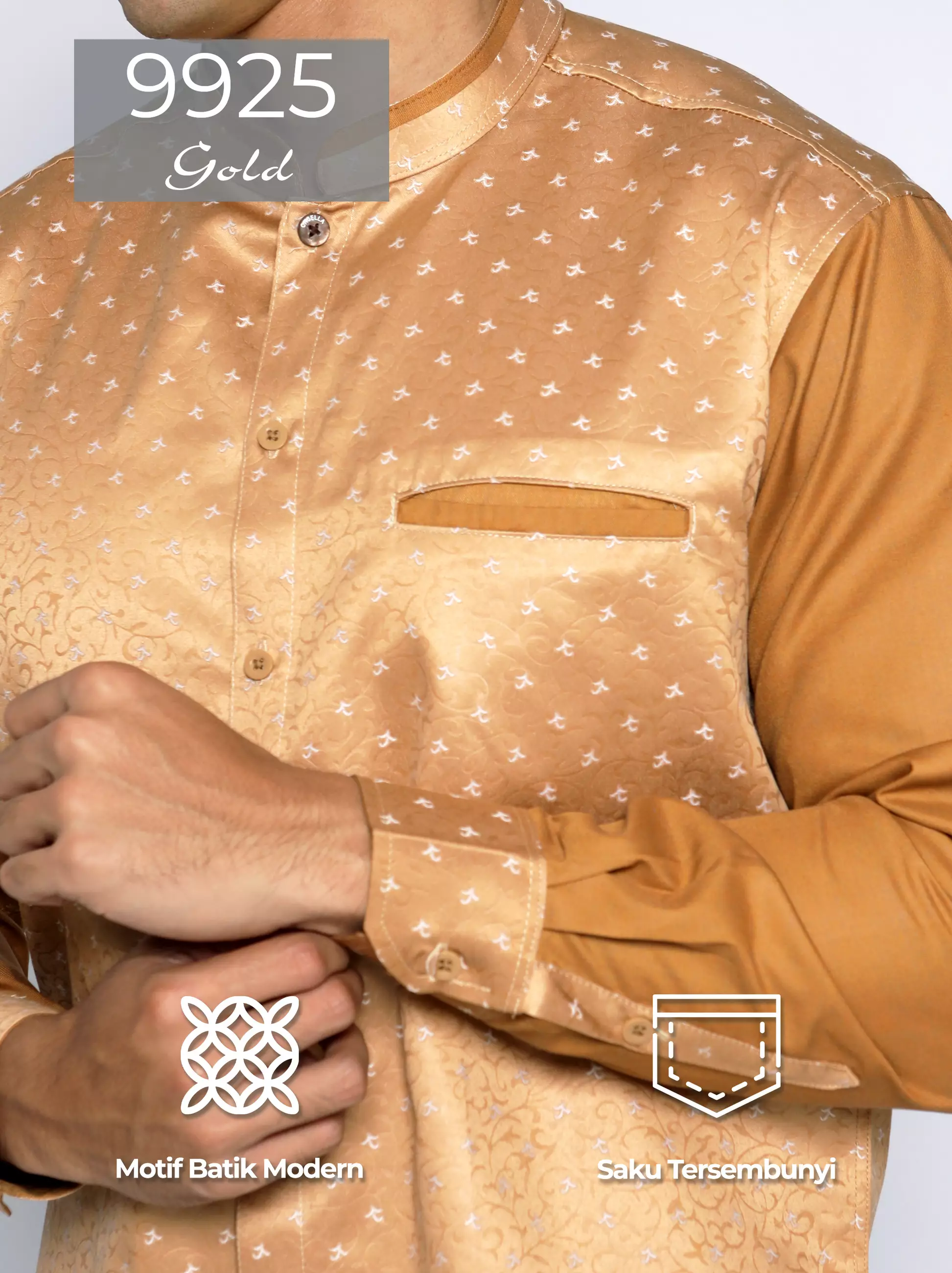 Casella Baju Koko Pria Lengan Panjang Kombinasi Batik Jeddah Design 9925 Gold