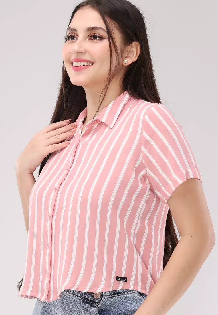 Crumpled Linen 3 Stripes Woven Short Sleeves Blouse