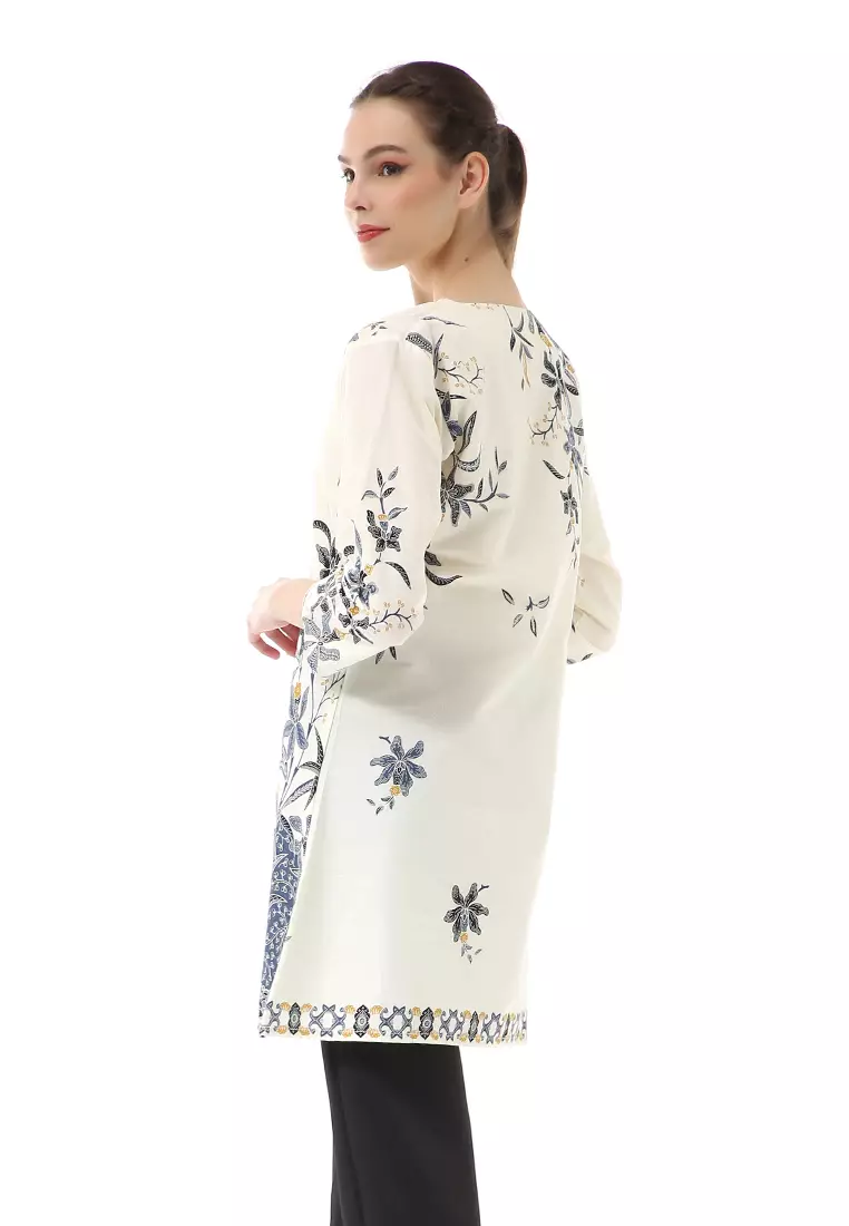 Olaf Atasan Batik Wanita Tunik Traditional Motive Simple Design Material Cotton ORIGINAL - White Blue
