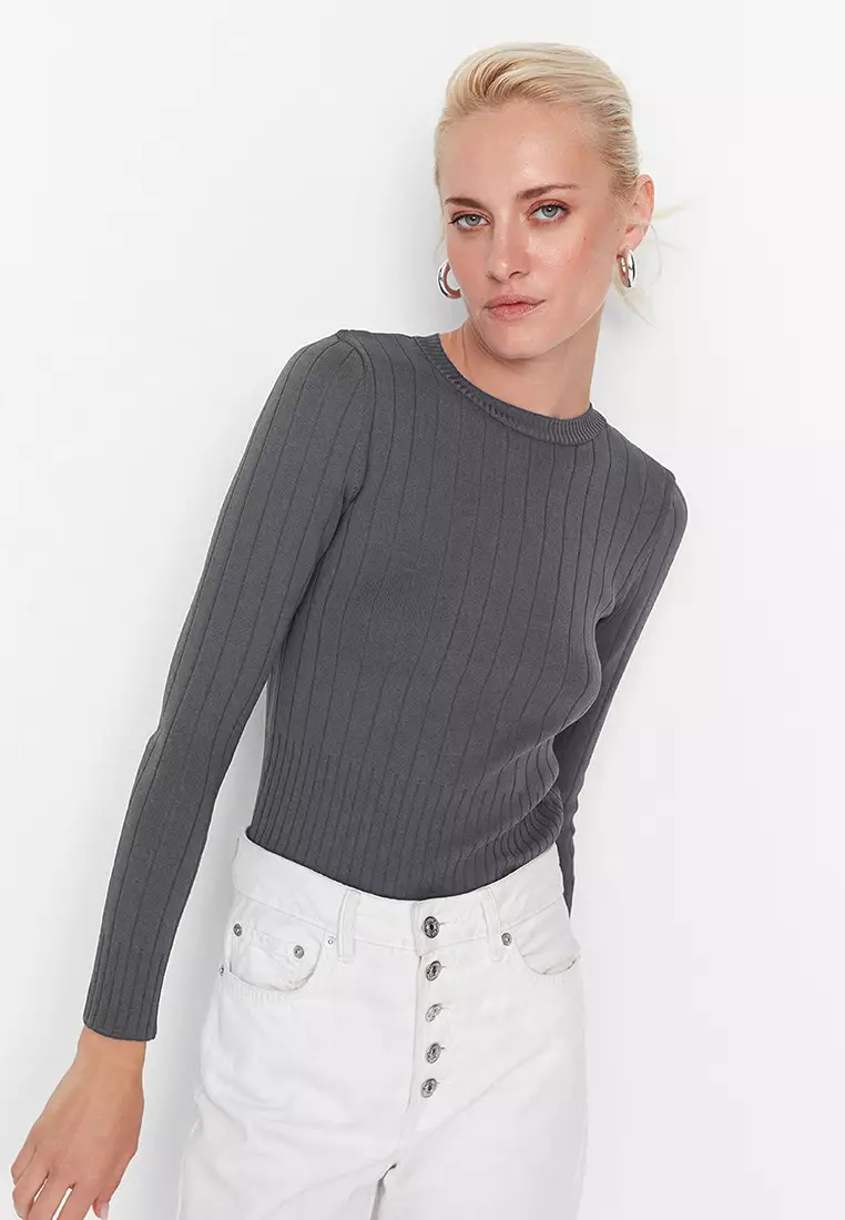 Anthracite Basic Crew Neck Knitwear Sweater