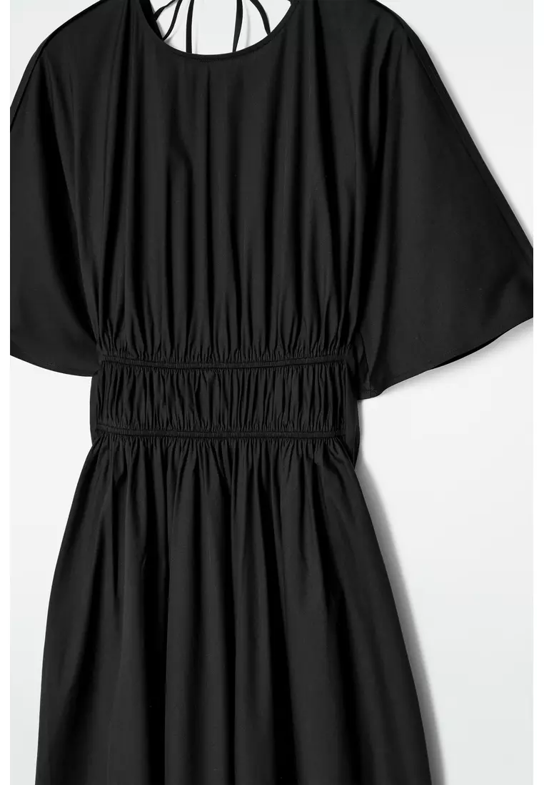 GATHERED OPEN-BACK MIDI DRESS