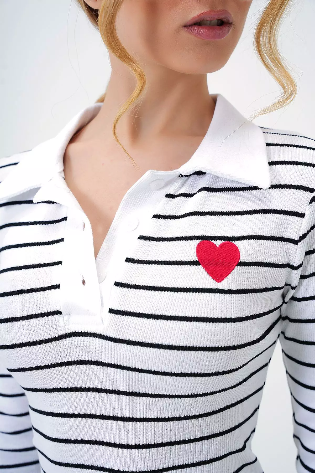 Women's White Striped Polo Neck Sweetheart Embroidery Buttoned Basic Dress