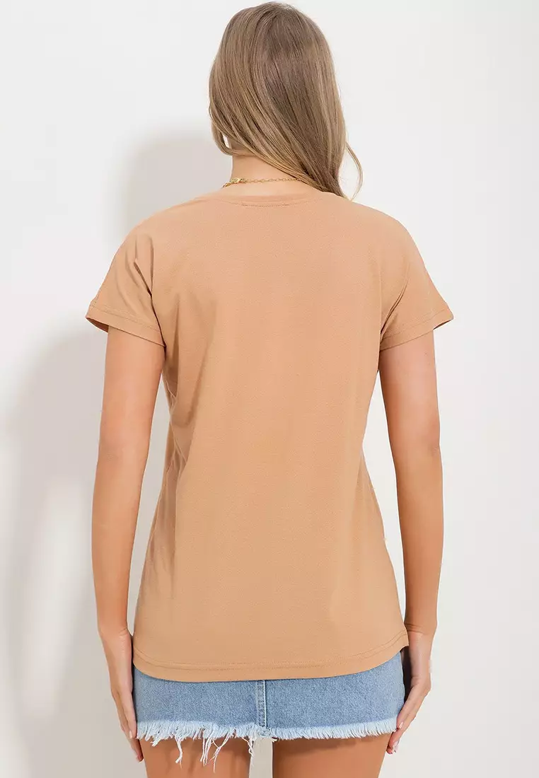 Women's Mustard V Neck Basic T-Shirt