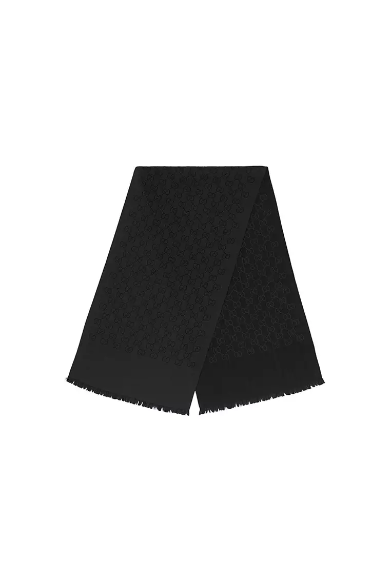 GG Logo Wool Silk Scarf in Black 165904 3G646