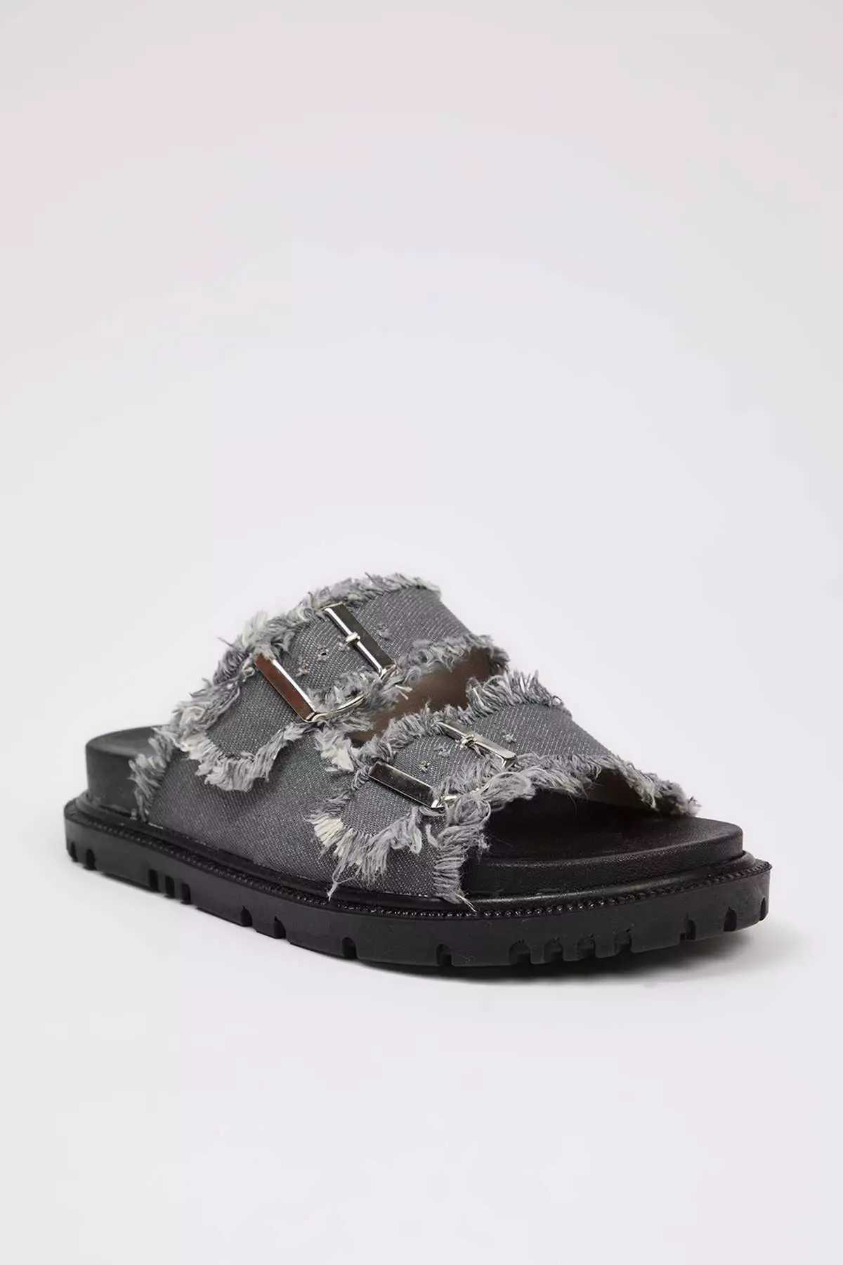 Gray Denim Tasseled Buckle Detailed Double Striped Women's Slippers Takss25Te00038