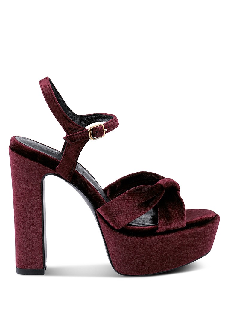Burgundy Velvet High Block Heeled Sandals