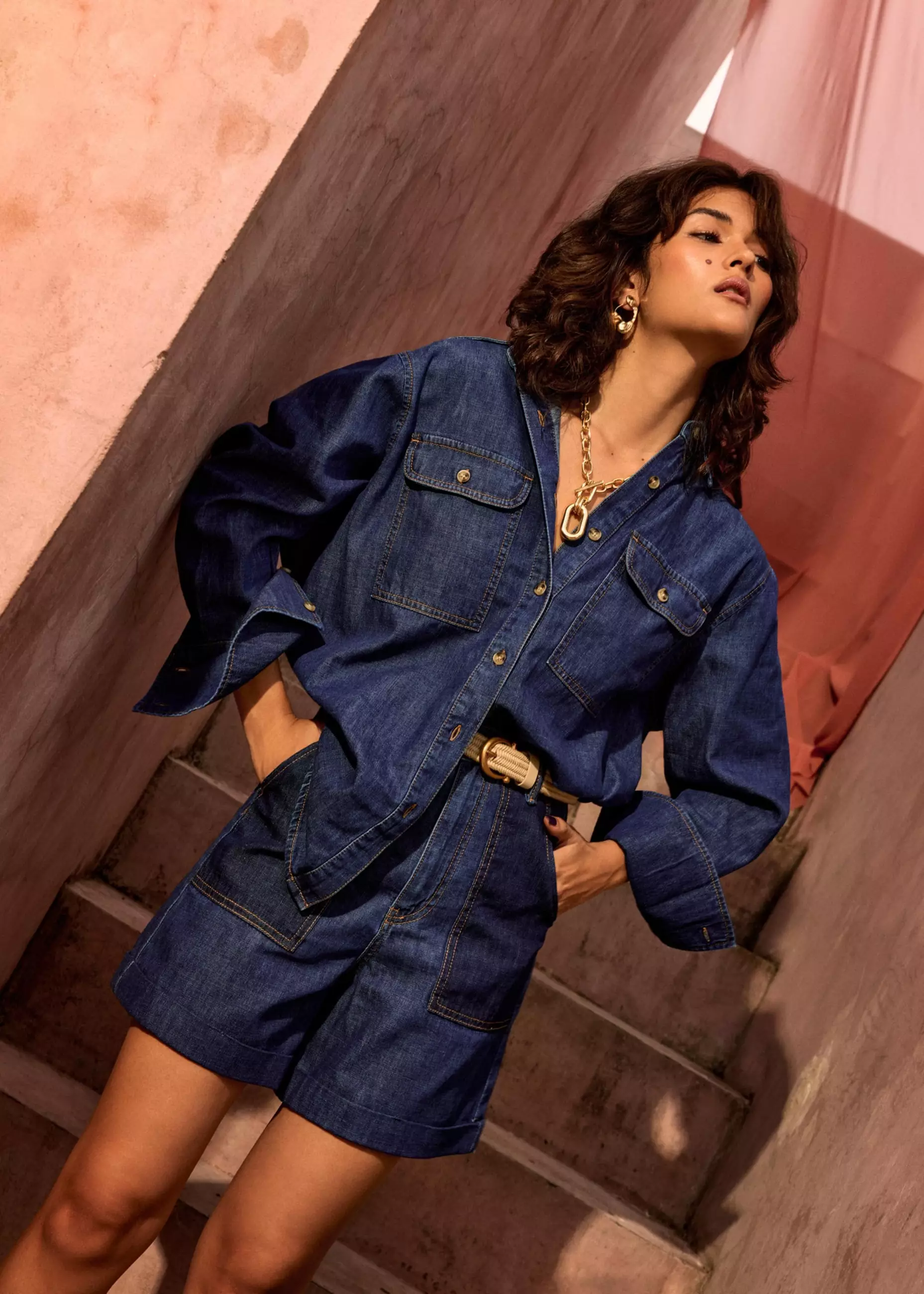 Atasan Wanita - Oversized Denim Drop Shoulder Button Down Shirt