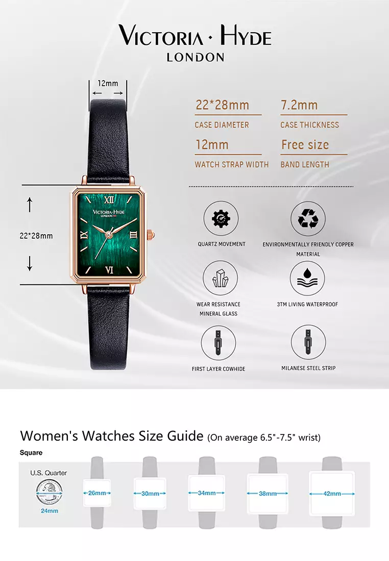 Hampton 22×28 mm女士手表 綠色珍珠母貝表盤 優雅方形手表 配黑色真皮表帶 -綠色