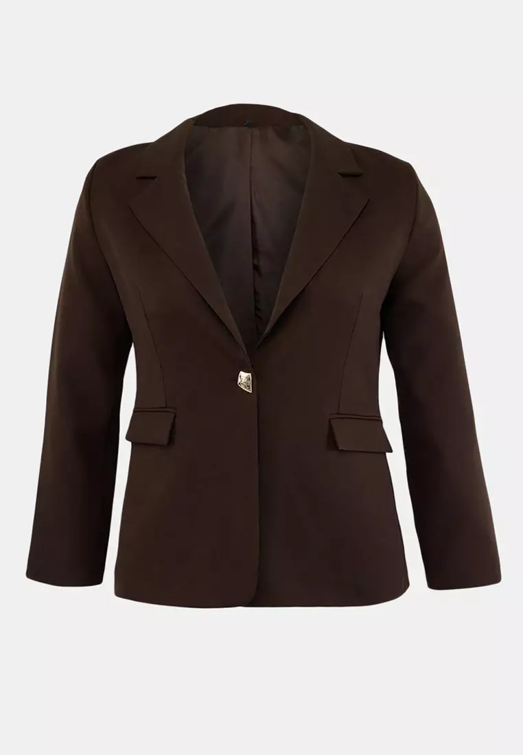 Dark Brown Accessory Buttoned Regular Fit Woven Blazer Jacket Tbbss26Ag00014