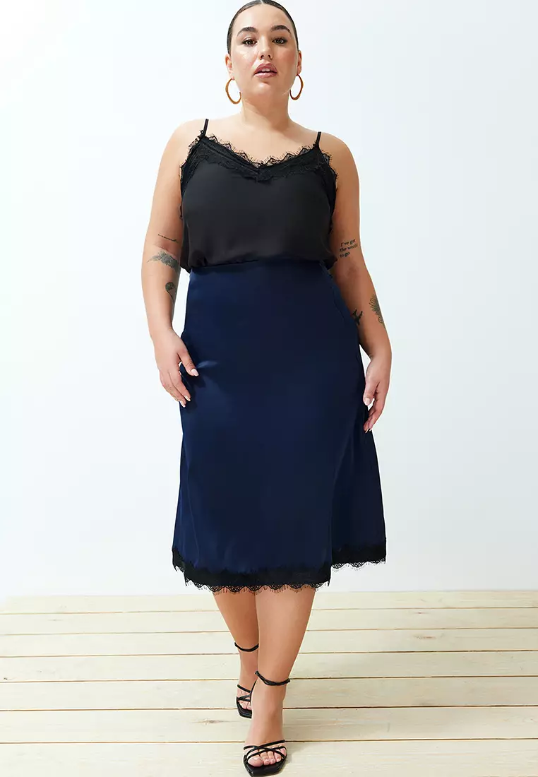 Plus Size Satin Midi Skirt