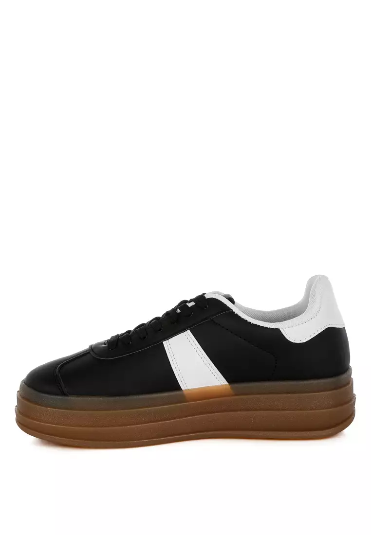 Faux Leather Lace-Up Sneakers in Black