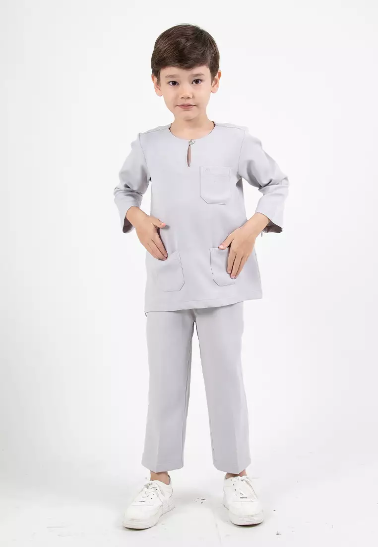 Alain Delon Slim Fit Baju Johor Ayah Anak Sedondon set - 19024504B-92LtGrey