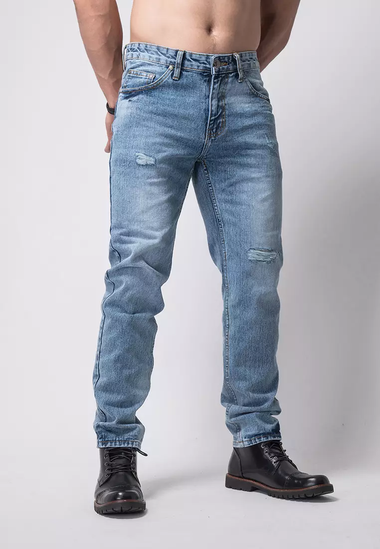 Tapered Fit Jeans Premium Washed Blue Ripped