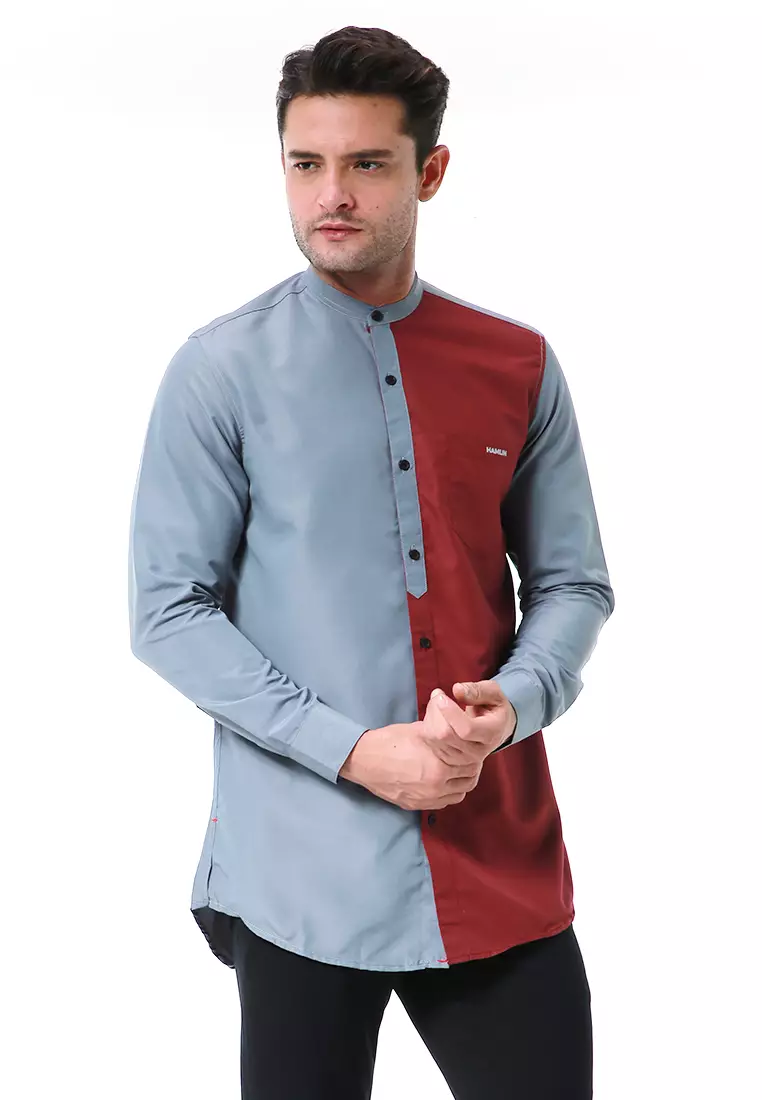 Leopold Kemeja Koko Pria Lengan Panjang Design Variasi Warna Material Cotton ORIGINAL - Gray Maroon