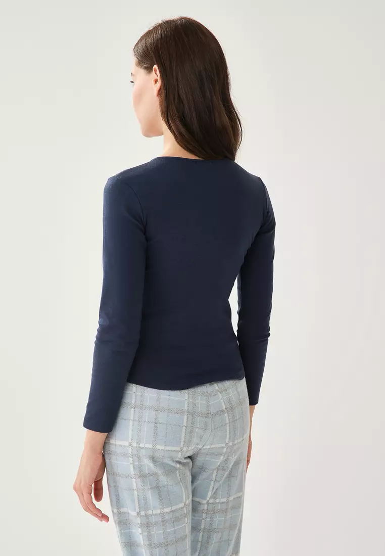 Woman Ribbed Long Sleeve Crew Neck Navy