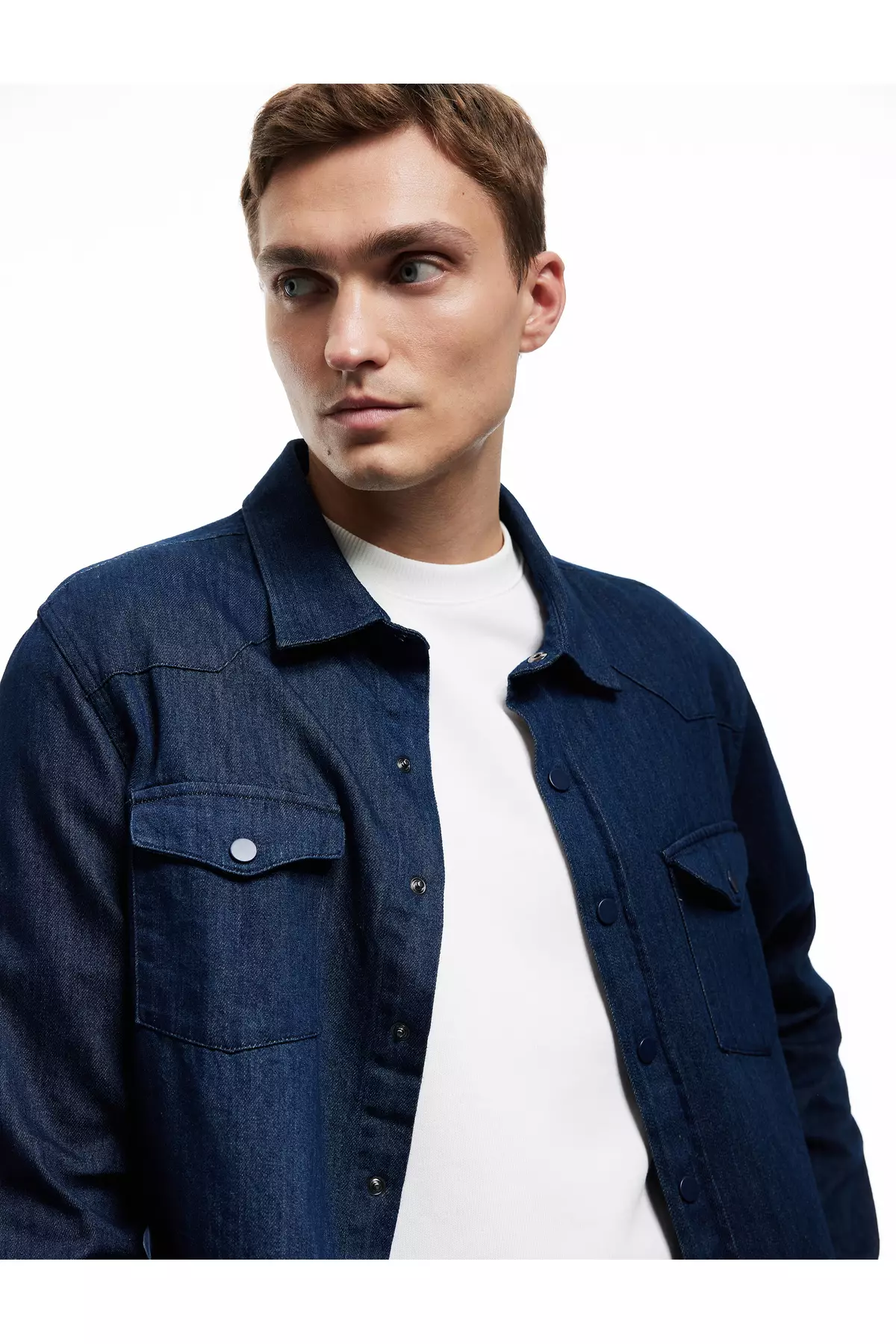 Classic Collar Jean Shirt Jacket With Flap Pocket And Stitching Detail