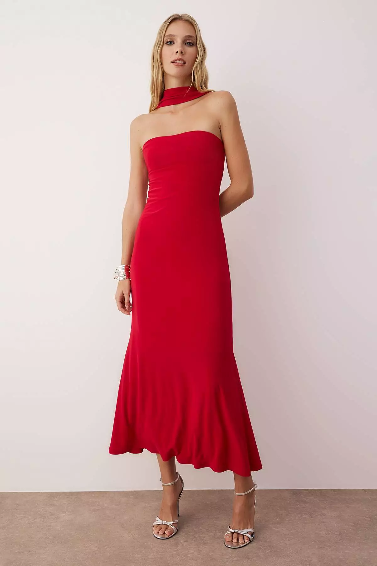 Red Plain Knit Sandy Maxi Unlined Cocktail Dress