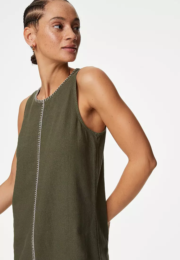Linen Rich Stitch Detail Shift Dress