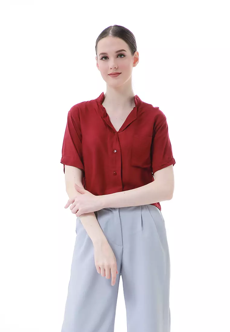 Melinda Kemeja Crop Top Atasan Wanita Motif Polos Relaxed Fit - Maroon