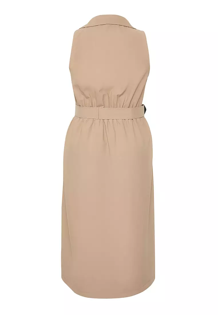 Beige Belted Summer Woven Plus Size Dress Tbbss25Ah00198
