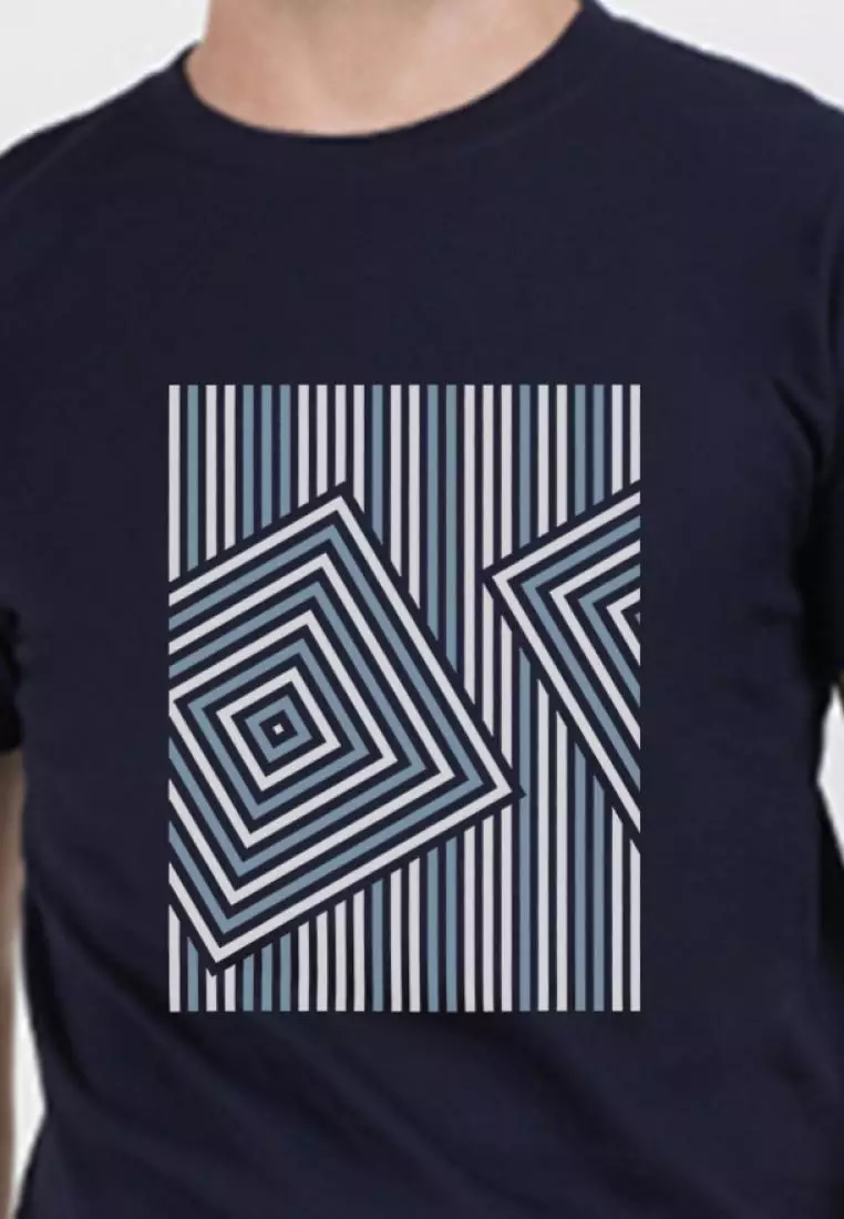 动态图案图形海军蓝色棉质短袖标准版型 T 恤