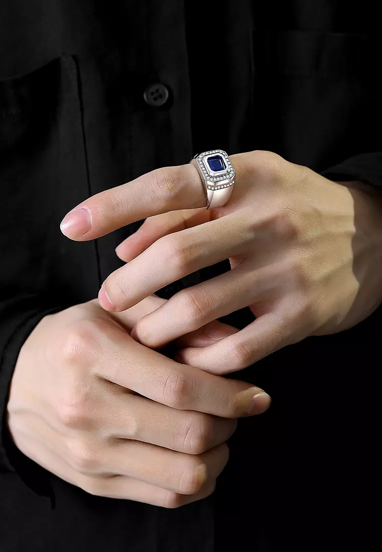 Cincin Pria Original Dilapisi Platinum Perhiasan Pria Tunangan Pernikahan Fashion Cincin Cowok blue