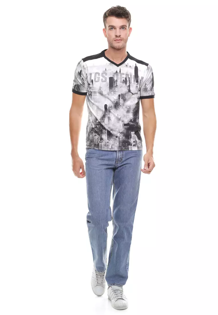 LGS - Slim Fit - Kaos Fashion - Kerah Vneck - Motif Gedung - Putih