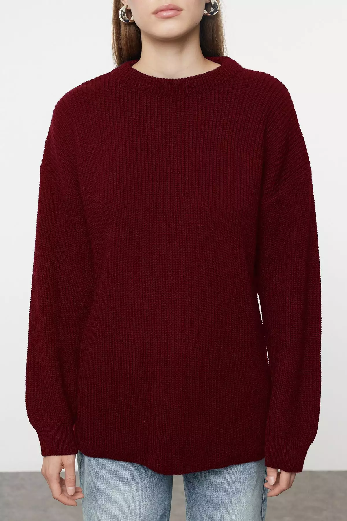 Claret Red Wide Pattern Ribbed Crew Neck Knitwear Sweater TWOAW25KZ00342