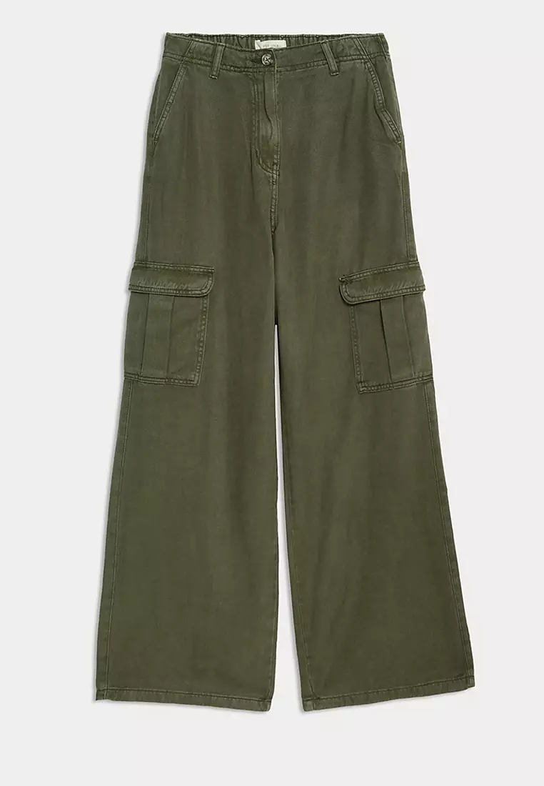 Cotton Blend Relaxed Wide Leg Trousers