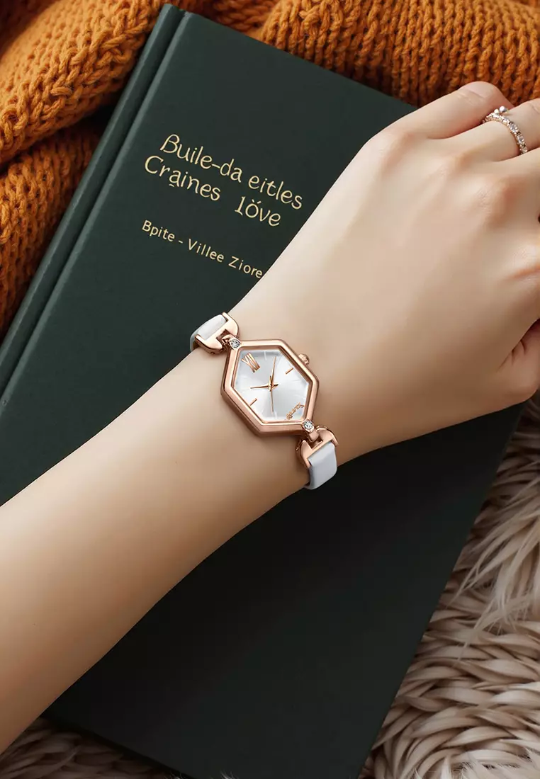 Jam Tangan Wanita Original Anti Air Tali Kulit Square Dial Gaya Korean Jam Tangan Cewek white
