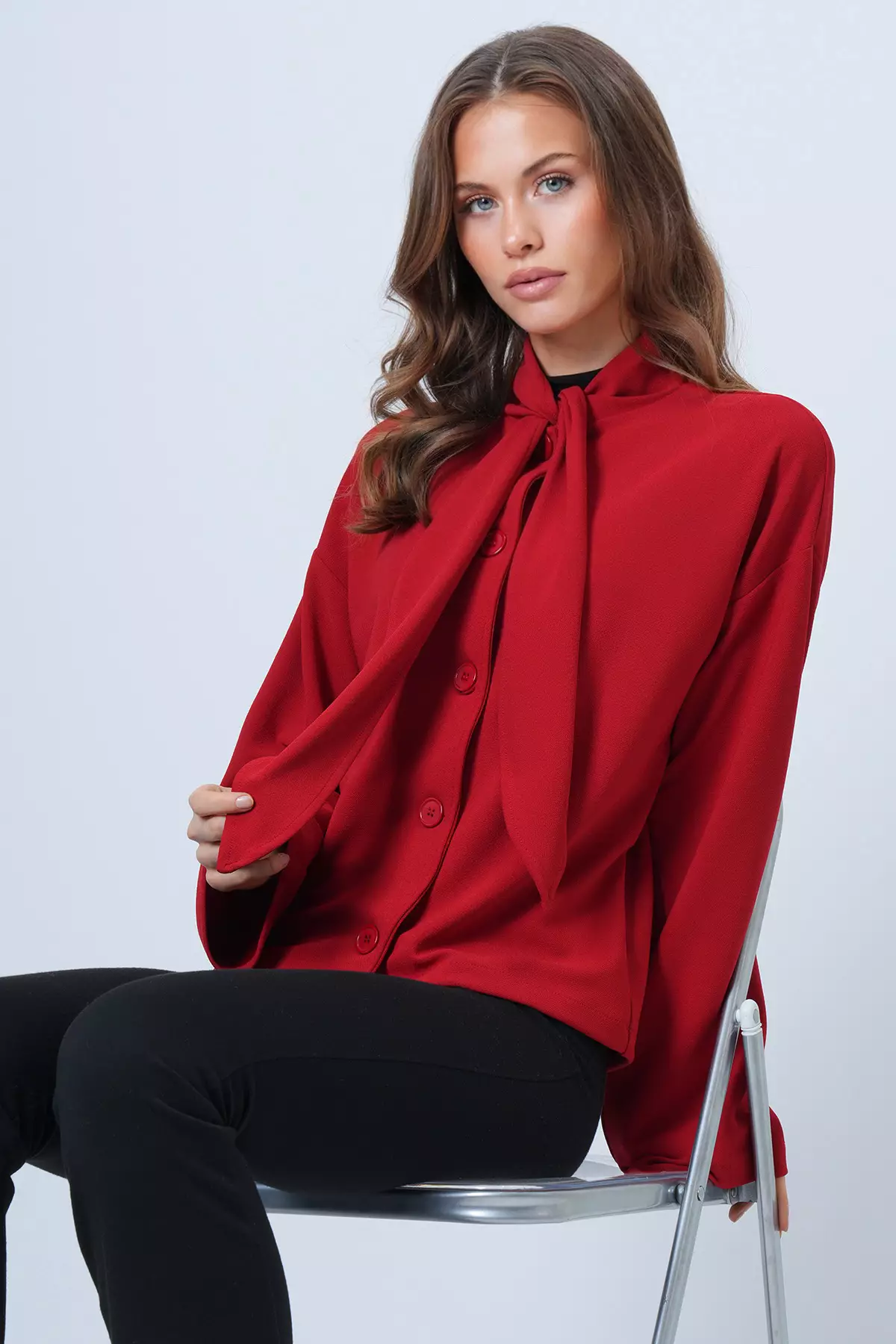 Red Scarf Detailed Buttoned Jacket Alc-X14669