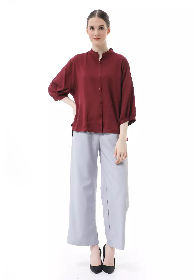Ghita Kemeja Atasan Wanita Motif Polos Long Sleeve High Quality - Maroon
