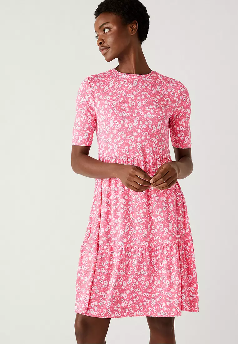 Jersey Printed Knee Length Tiered Dress