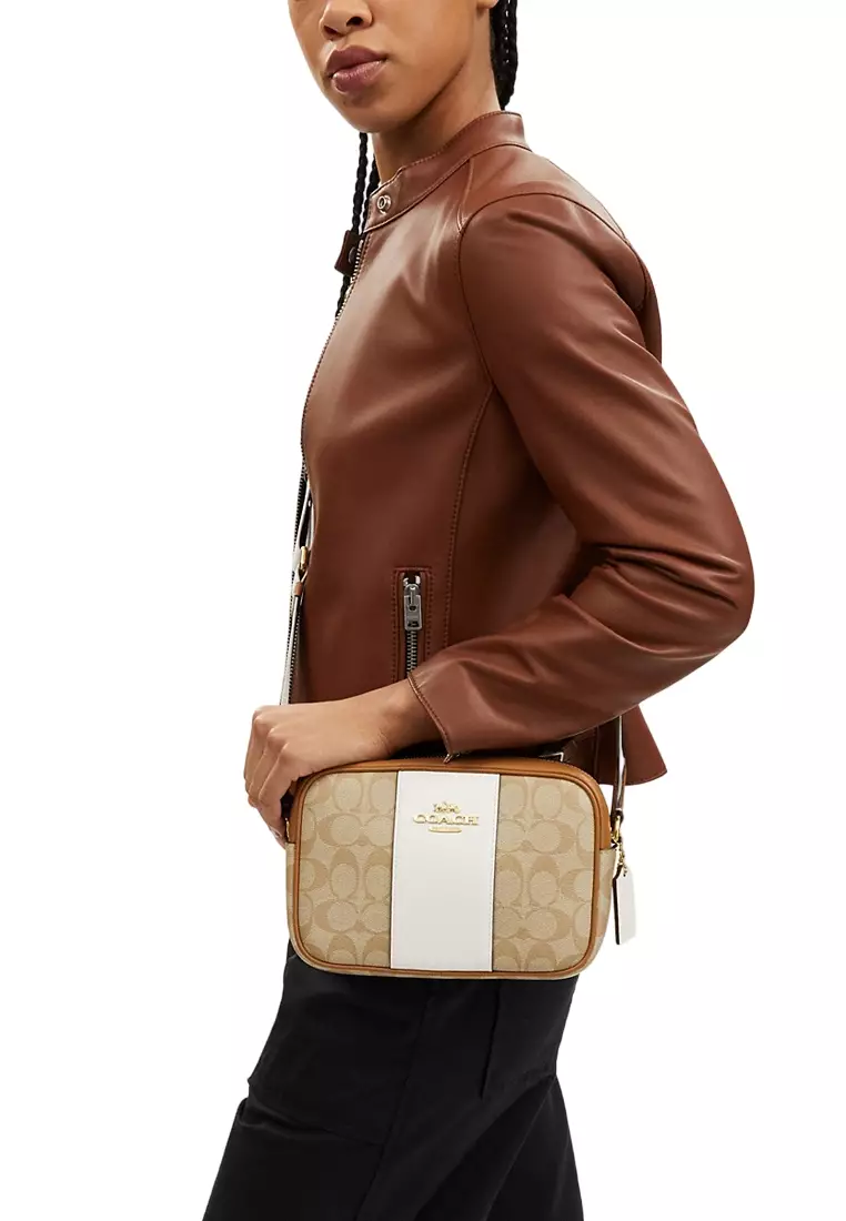 Jamie Camera Bag In Signature Canvas With Stripe - Light Brown/White