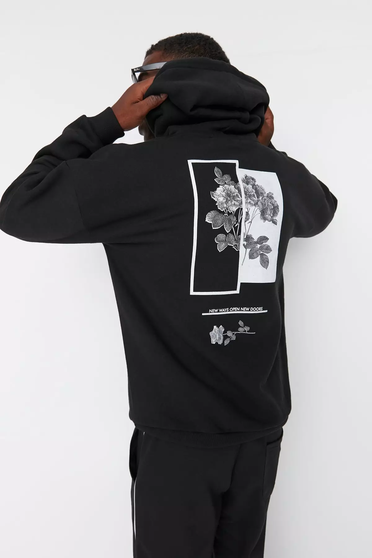 Men's Black Oversized Hoodie Printed Sweatshirt with a Soft Pile Inside, and a Floral Print