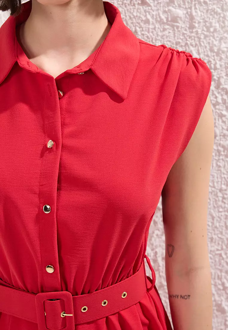 Red Belted Straight A Cut Half Placket Short / Mini Woven Dress TWOSS25EL00551
