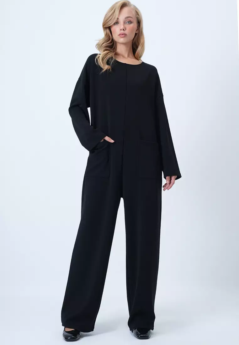 Crew Neck Back Zippered Relaxed Cut Jumpsuit