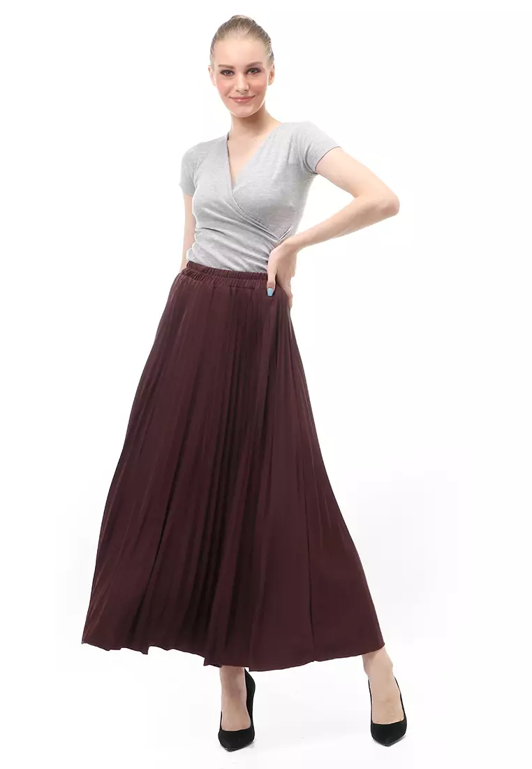 Skirt Plisket Bawahan Wanita Motif Polos Relaxed Fit - Coklat Tua