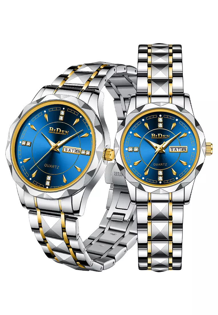 BIDEN Jam Tangan Couple Pasangan Anti Air Original Kalender Bercahaya Luminous Stainless Steel Analog Couple Watch Biru