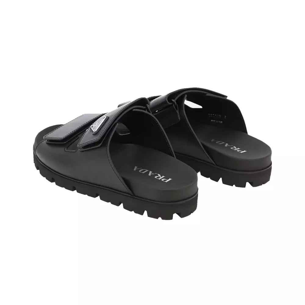 Jual Prada Logo Plaque Leather Slides Black Original 2025 ZALORA