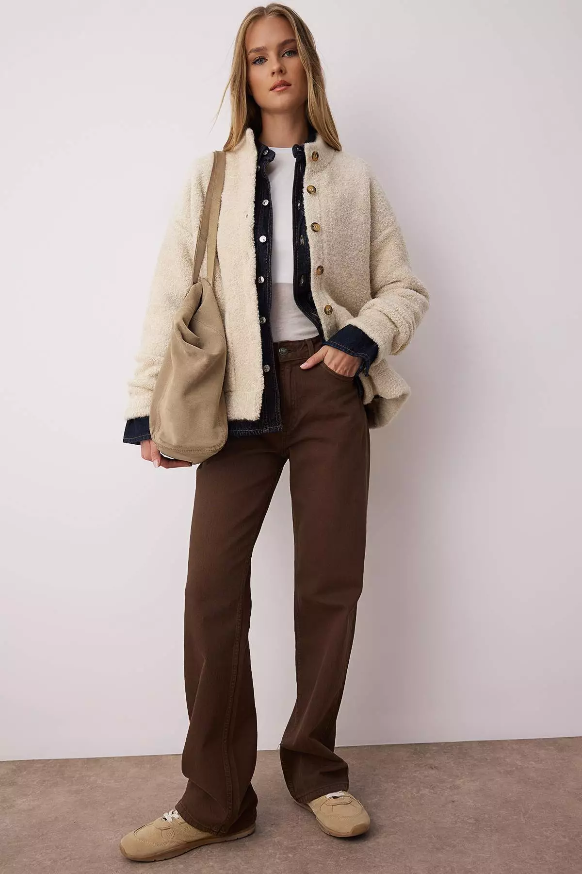 Beige Boucle/Textured Yarn Wide Pattern Coat-Look Knitwear Cardigan