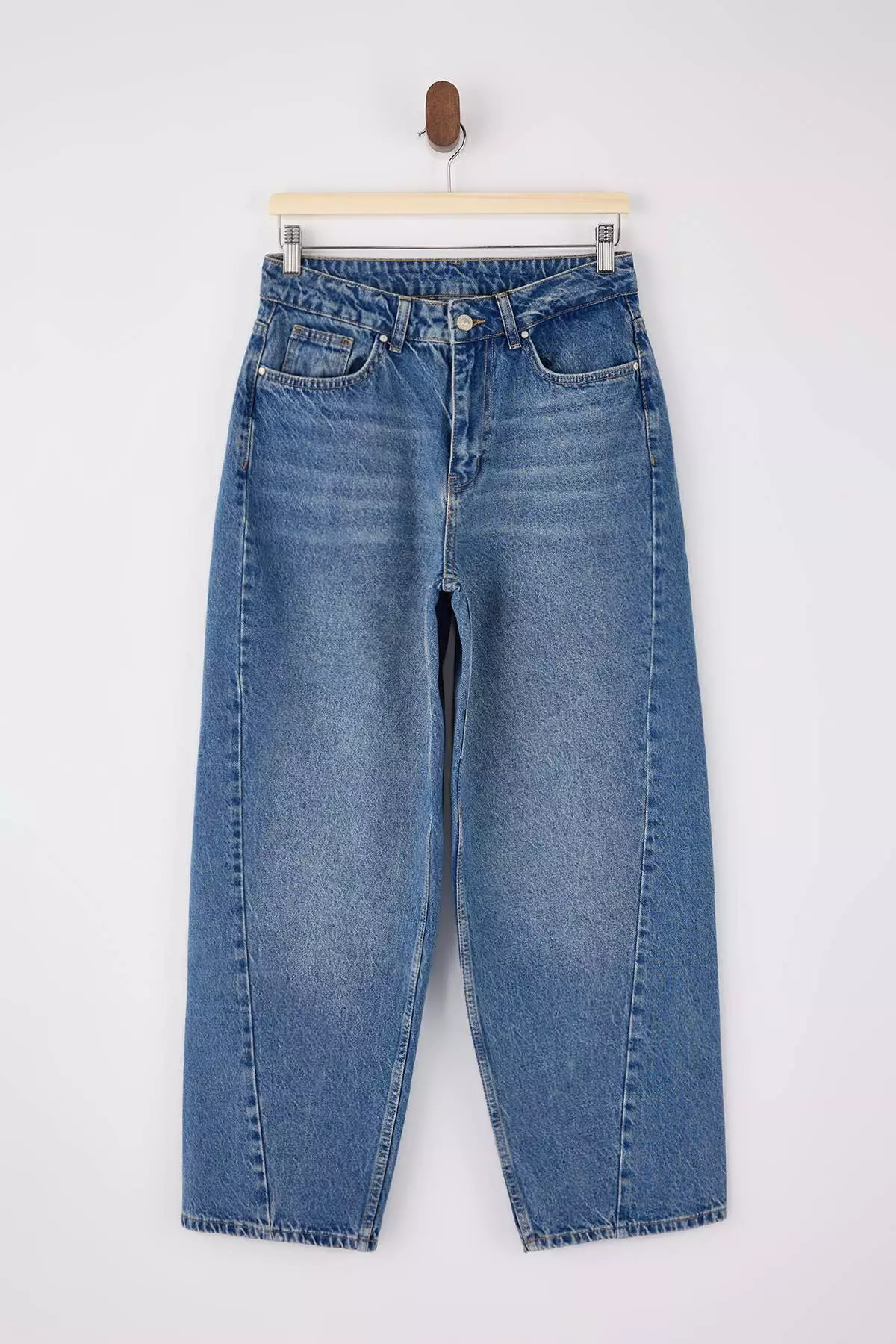 Teen Blue Stitching Detailed High Waist Baggy 1% Cotton Jeans Twoss26Je84