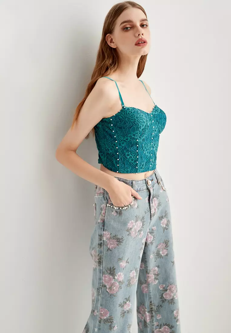 Teal Green Lace Corset Crop Tank Top
