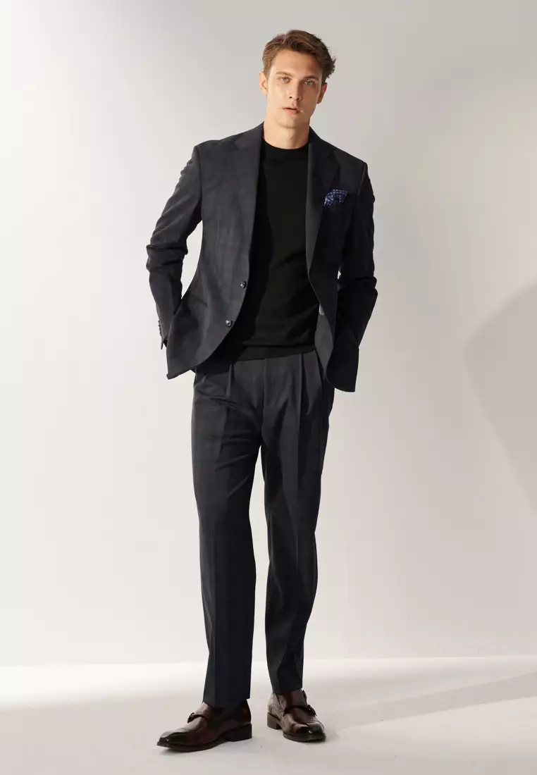 經典款海軍藍格紋寬鬆西裝外套