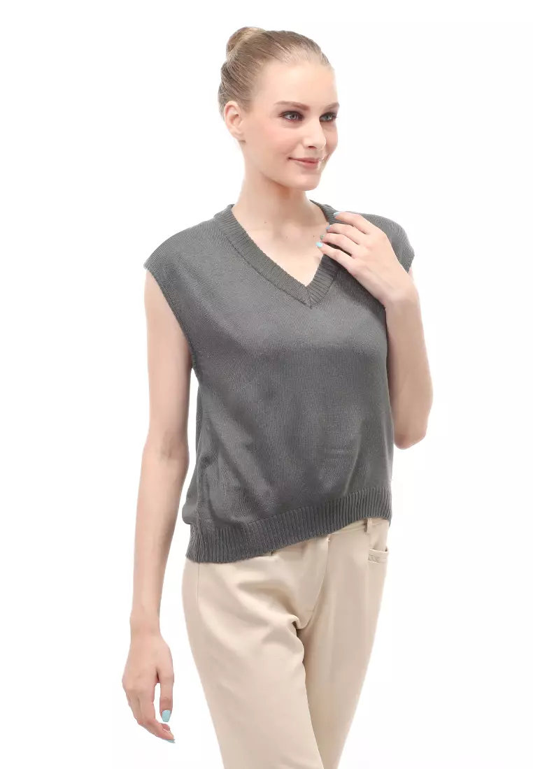 Vest Knit Atasan Wanita Sleeves Kerah V-neck Design Simple - Charcoal