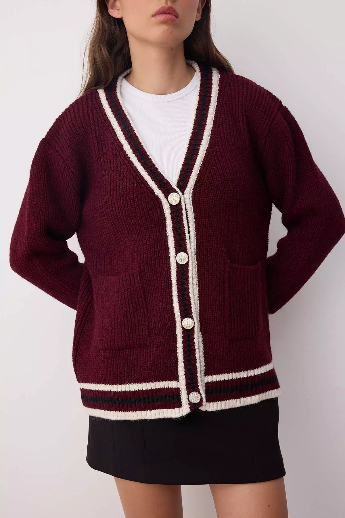 Burgundy Color Block Wide Pattern Knitwear Cardigan