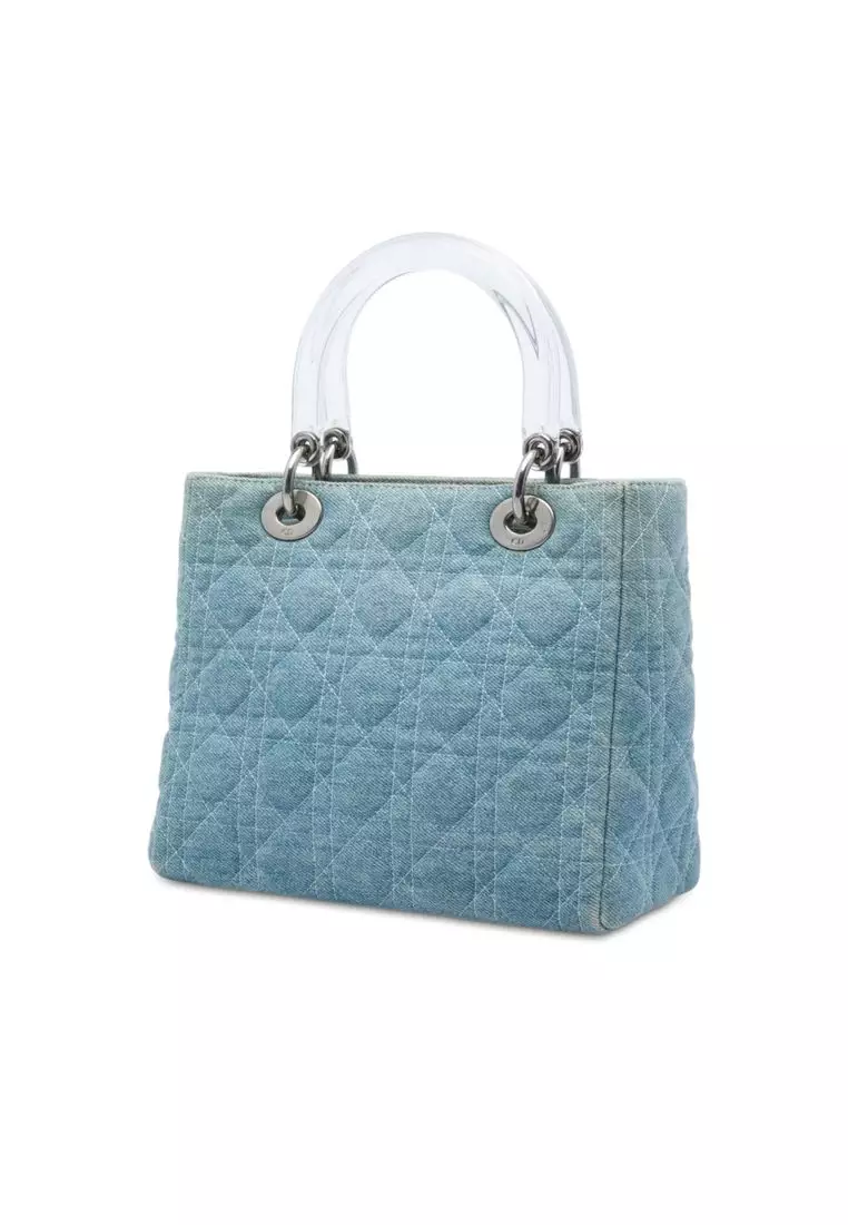 Pre-Loved Dior Medium Denim Cannage Acrylic Handles Lady Dior