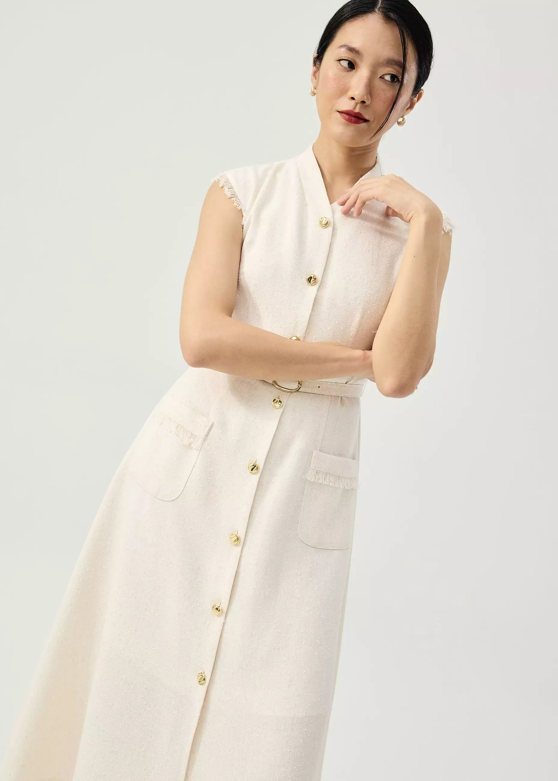 Dress Wanita - Fei Belted Tweed Mandarin Collar Fit & Flare Midaxi Dress