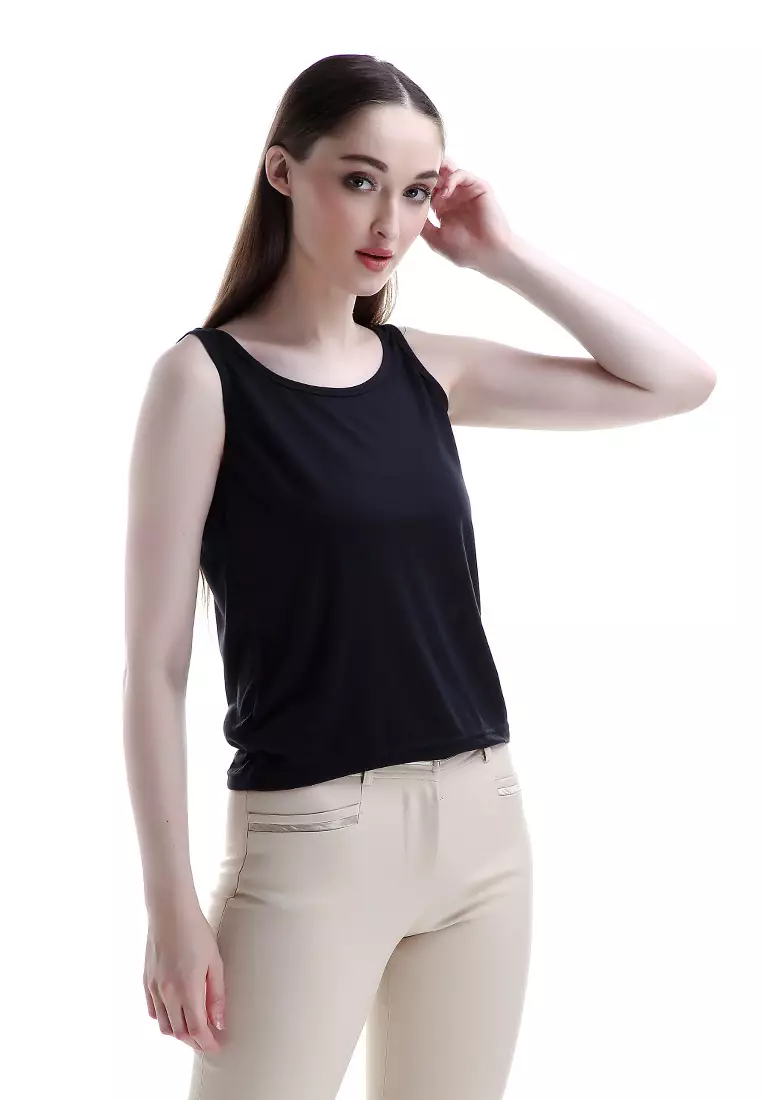 Greisy Tanktop Atasan Wanita Sleeves Design Simple Motif Solid - Hitam