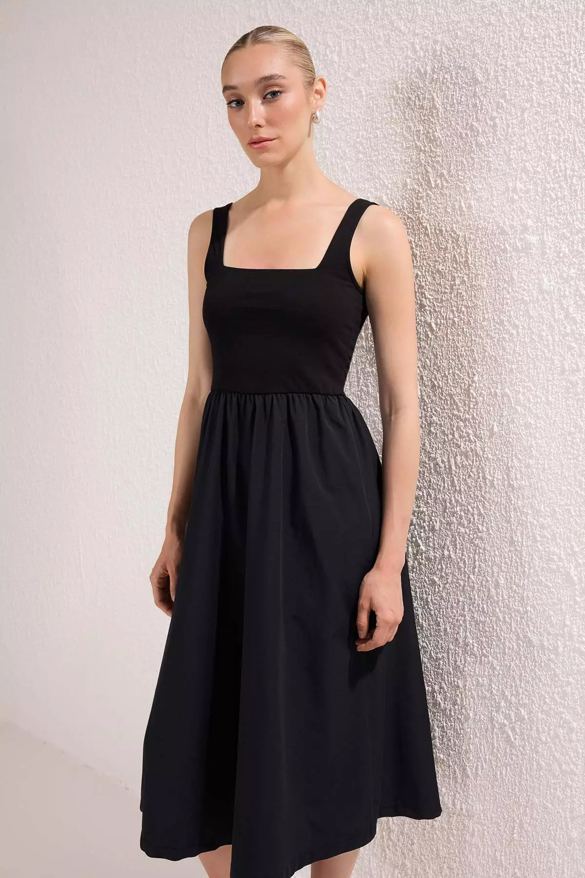 Black Skirt Waist Opening Top Stretchy Knitted Midi Dress